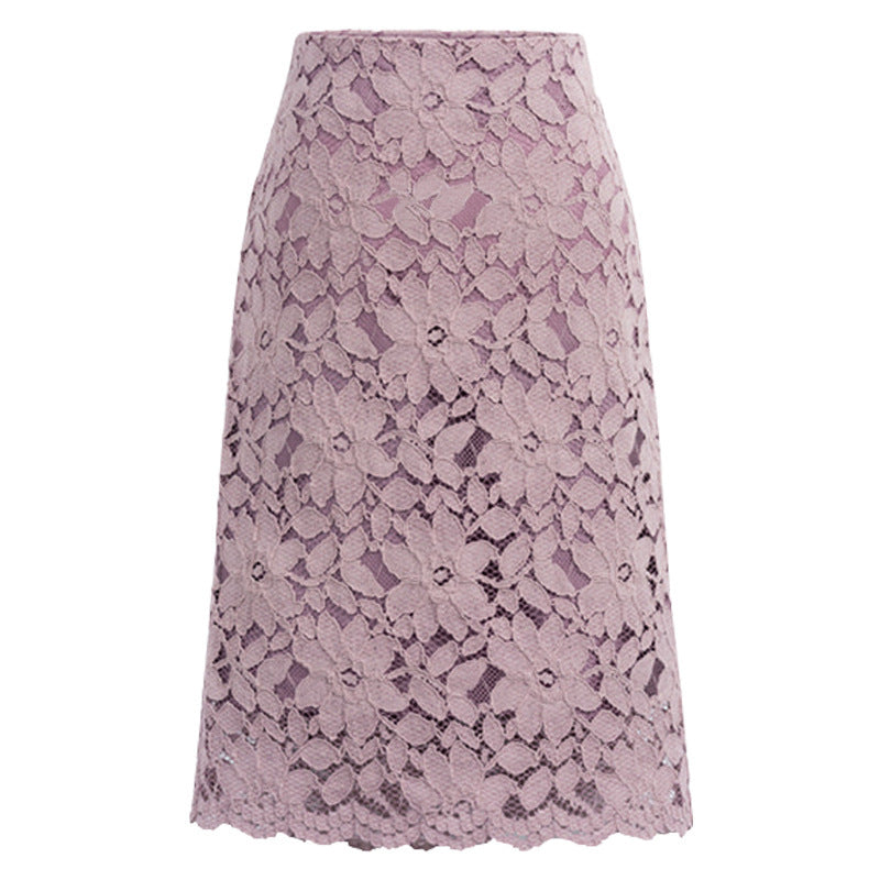 Damen nan knielanger A-Linien Spitzenrock mit floraler Applikationsspitze, hoher Taille und gewelltem Saum EB