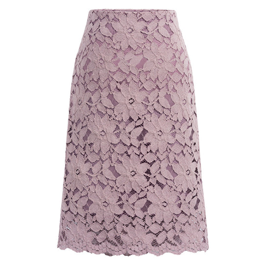 Damen nan knielanger A-Linien Spitzenrock mit floraler Applikationsspitze, hoher Taille und gewelltem Saum EB