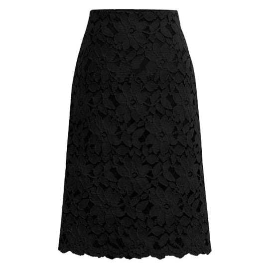 Damen nan knielanger A-Linien Spitzenrock mit floraler Applikationsspitze, hoher Taille und gewelltem Saum EB
