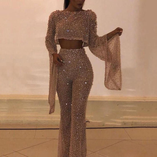 Damen Glitzerndes Zweiteiliges Set mit weitem Bein und langen Ärmeln EB