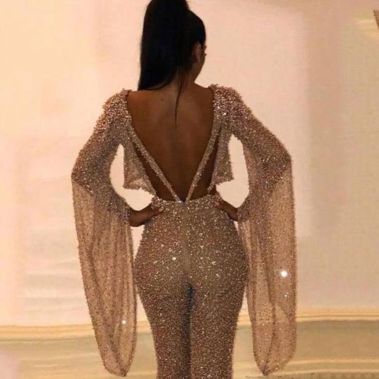Damen Glitzerndes Zweiteiliges Set mit weitem Bein und langen Ärmeln EB