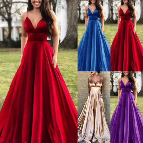 Damen A-Linien Abendkleid mit tiefem Ausschnitt und schmalen Trägern EB