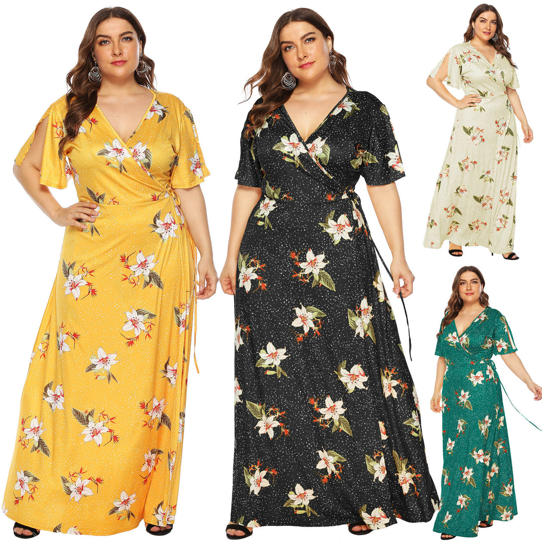 Damen Maxi-Kleid mit eleganten Flügelärmeln und tiefem V-Ausschnitt EB