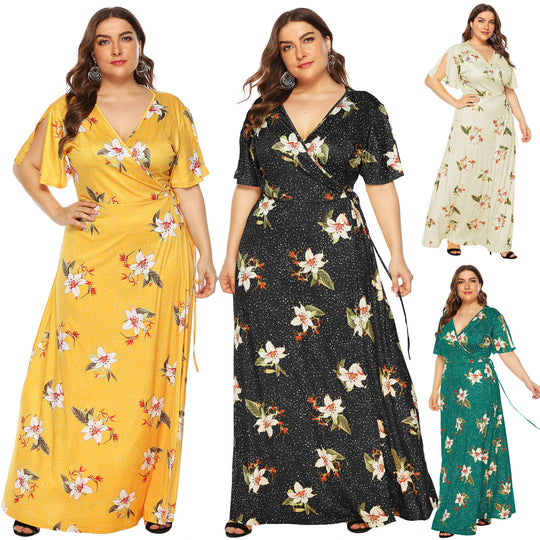 Damen Maxi-Kleid mit eleganten Flügelärmeln und tiefem V-Ausschnitt EB