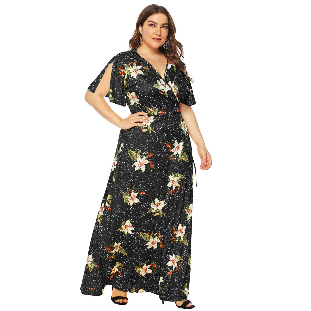 Damen Maxi-Kleid mit eleganten Flügelärmeln und tiefem V-Ausschnitt EB