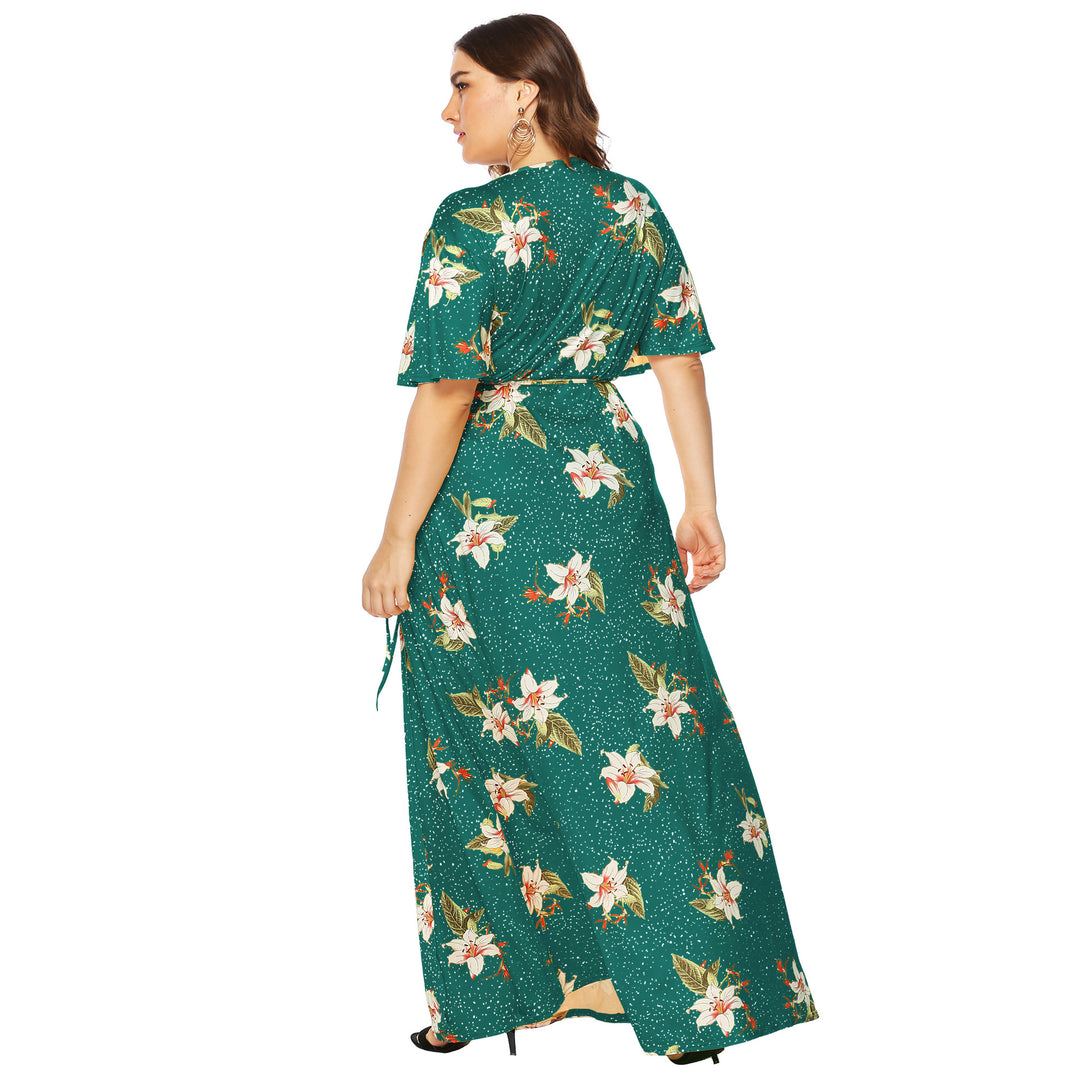 Damen Maxi-Kleid mit eleganten Flügelärmeln und tiefem V-Ausschnitt EB
