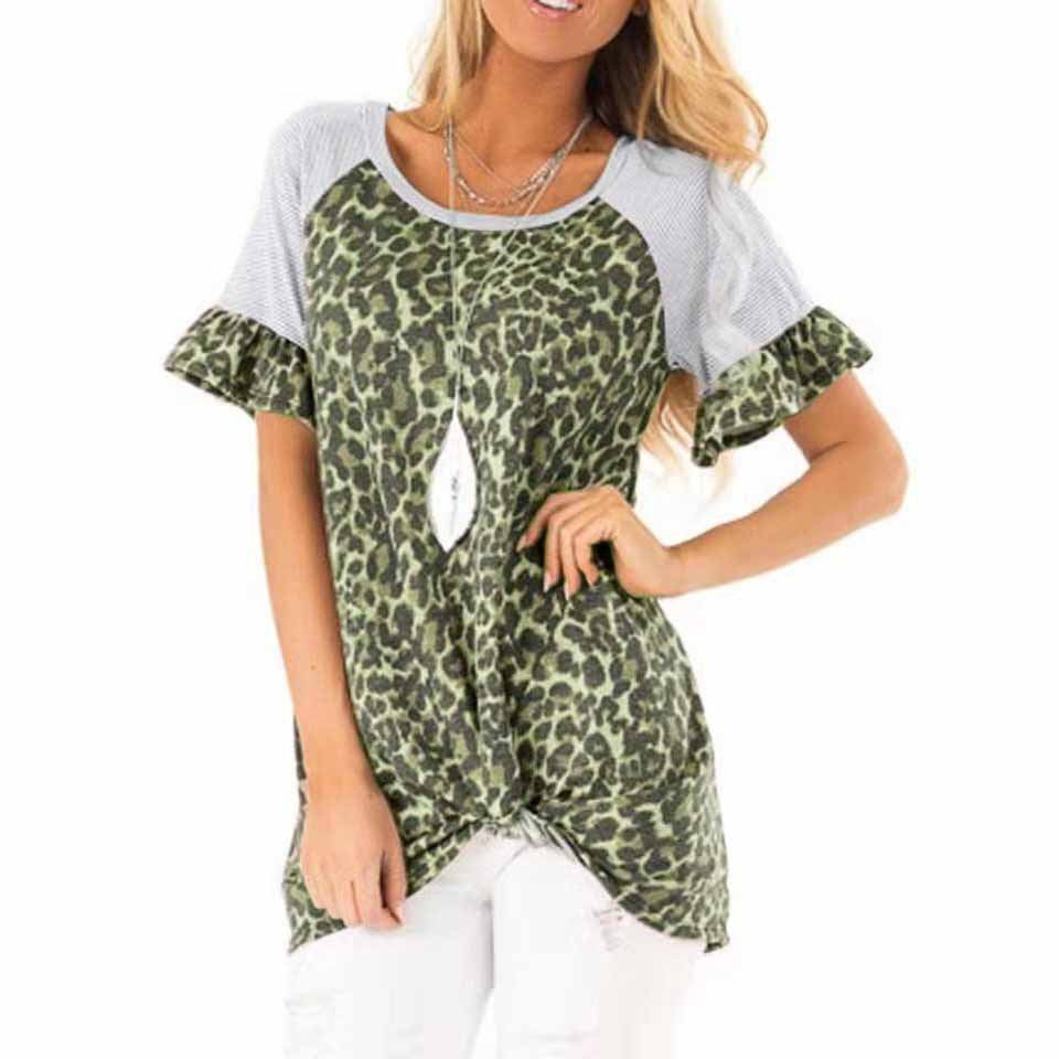 Damen modisches T-Shirt mit tierischem Muster und raffinierten Rüschendetails EB