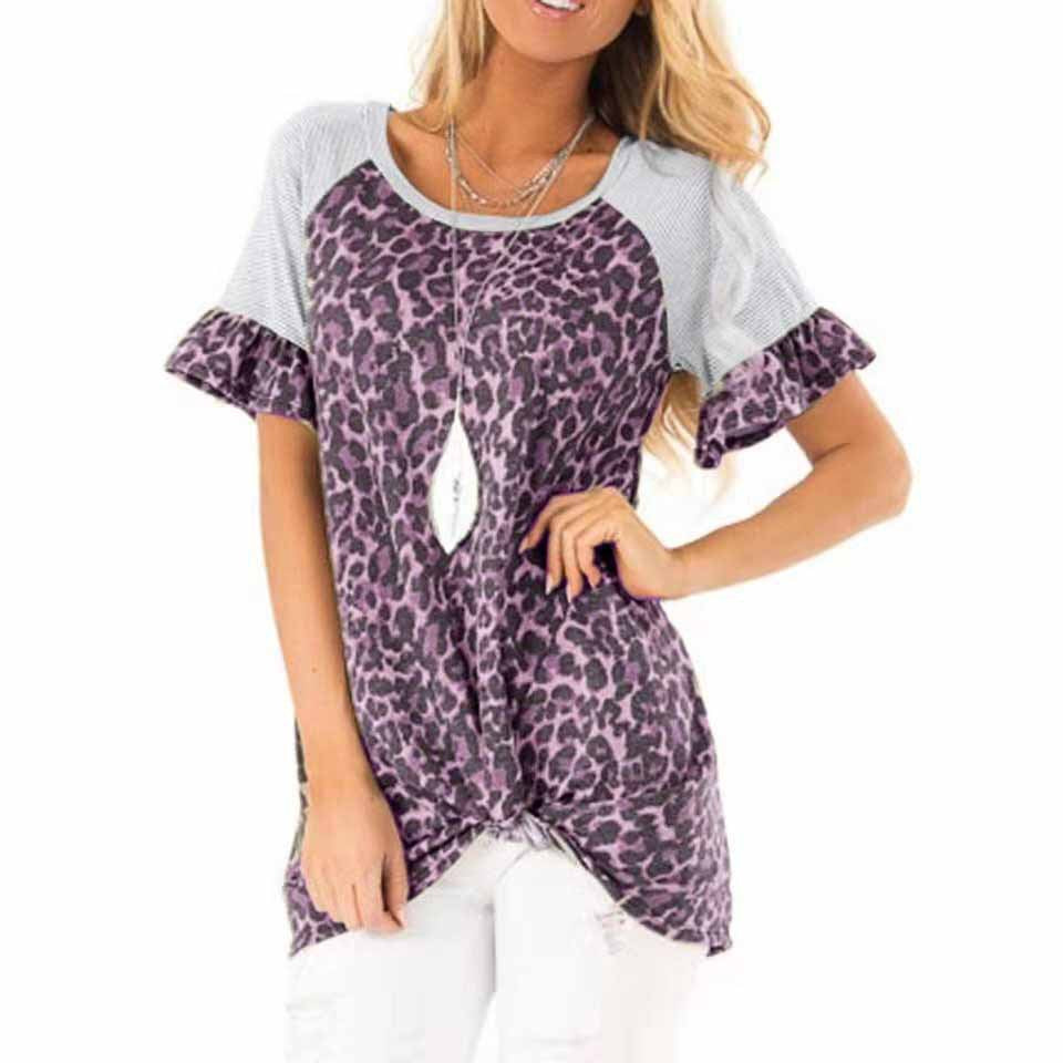 Damen modisches T-Shirt mit tierischem Muster und raffinierten Rüschendetails EB