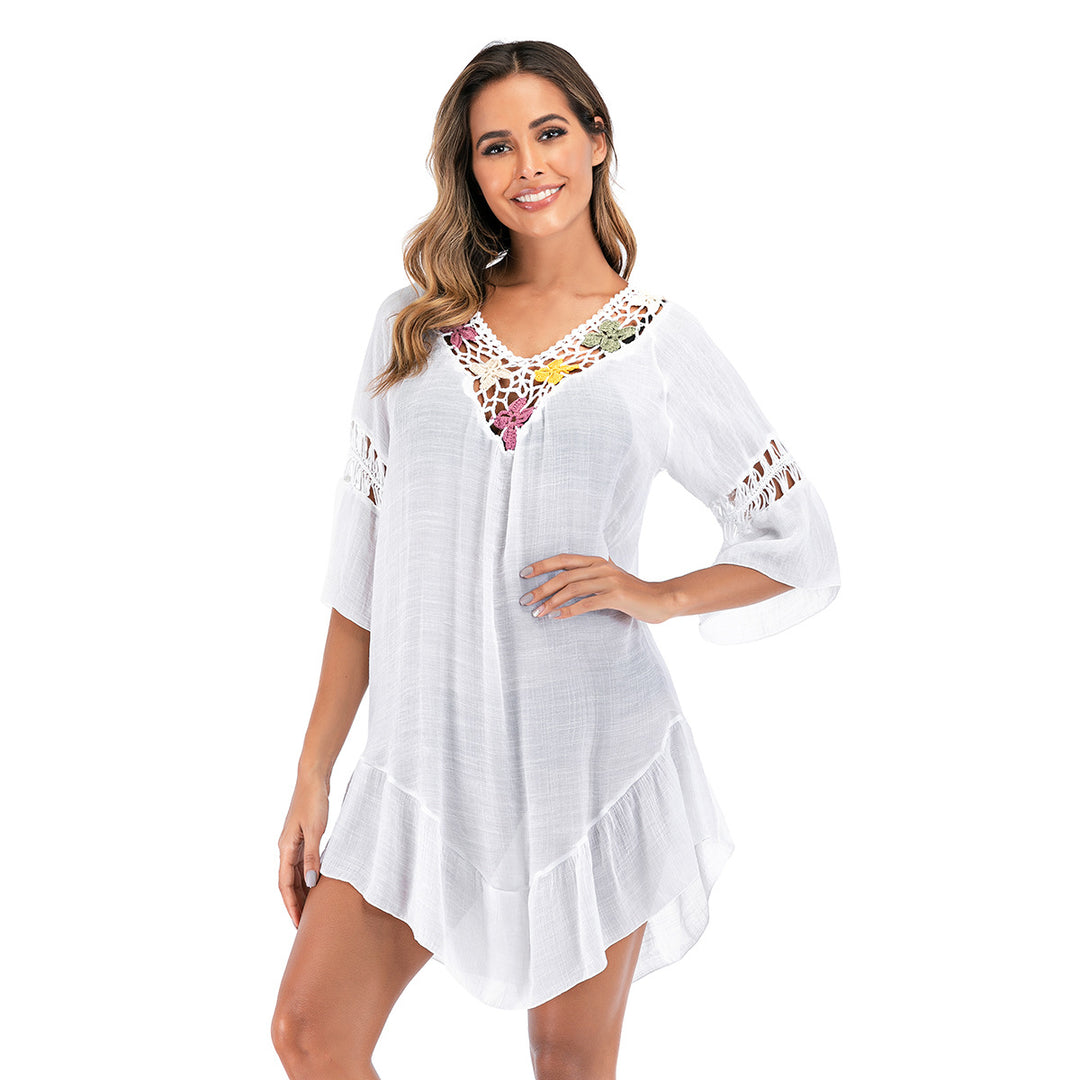 Damen luftiger häkelbarer Strandüberwurf mit bunten Blumenmuster EB