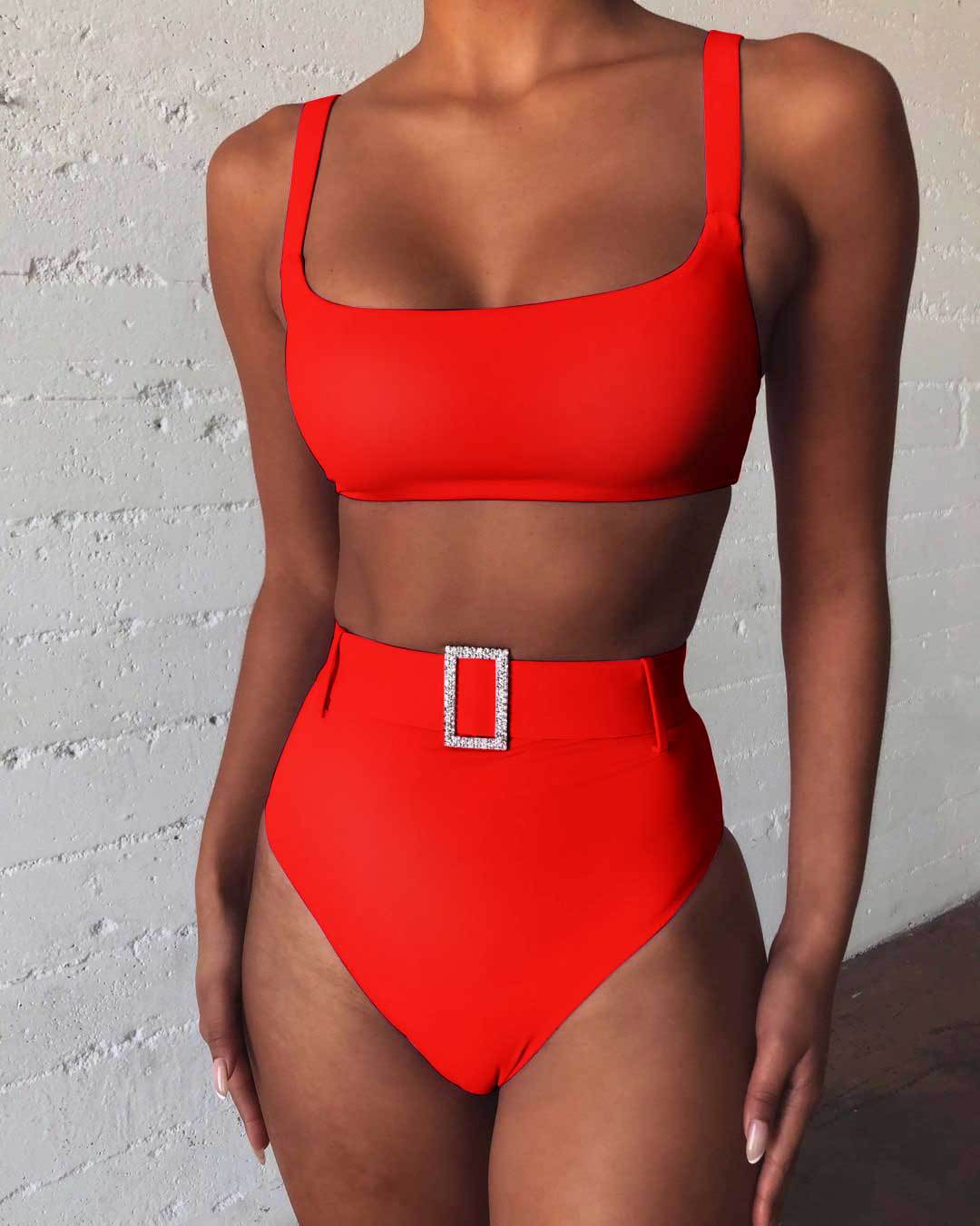 Damen Hoch tailliertes Bikini-Set mit funkelndem Gürtel EB