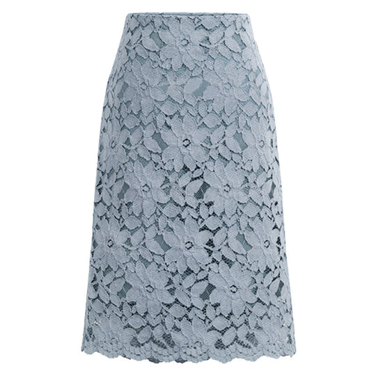 Damen nan knielanger A-Linien Spitzenrock mit floraler Applikationsspitze, hoher Taille und gewelltem Saum EB