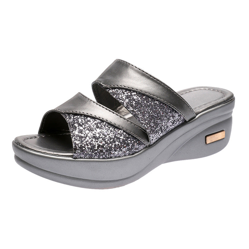 Damen Glamouröse Wedge-Pantoletten mit schimmerndem Glitzer EB