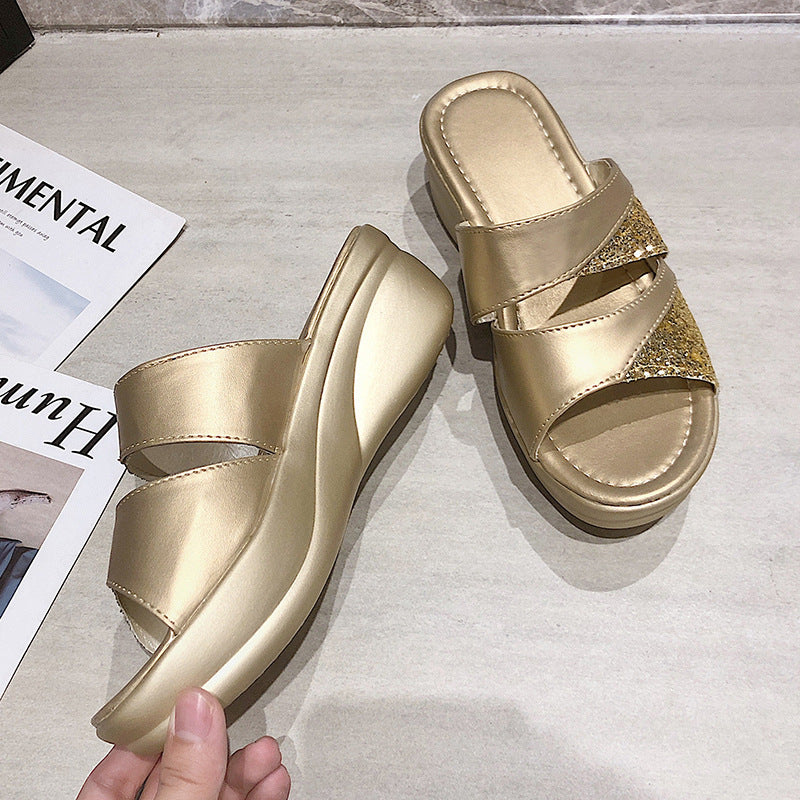 Damen Glamouröse Wedge-Pantoletten mit schimmerndem Glitzer EB