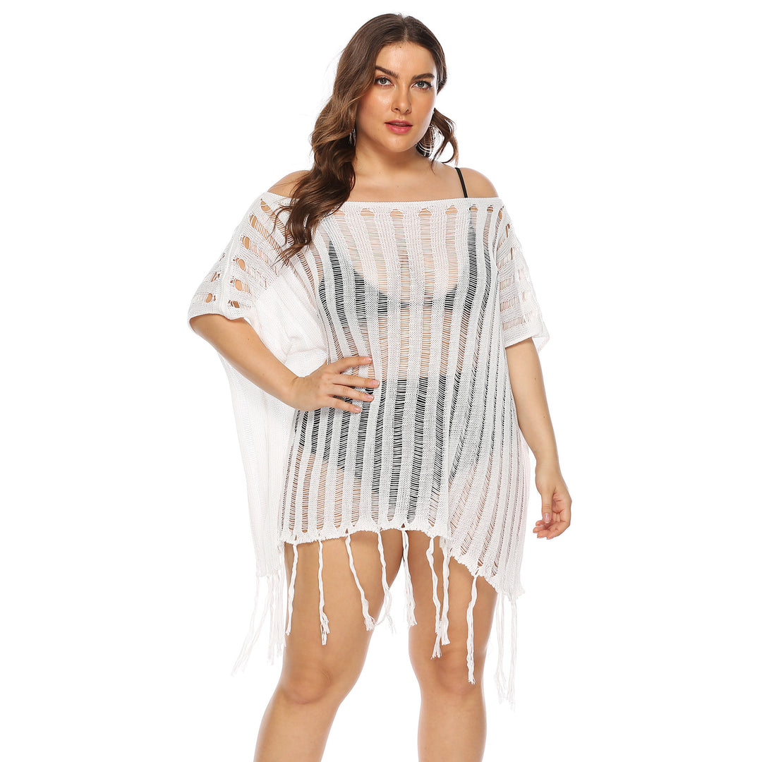 Damen luftiger Häkel-Strandüberwurf mit trendy Fransen EB