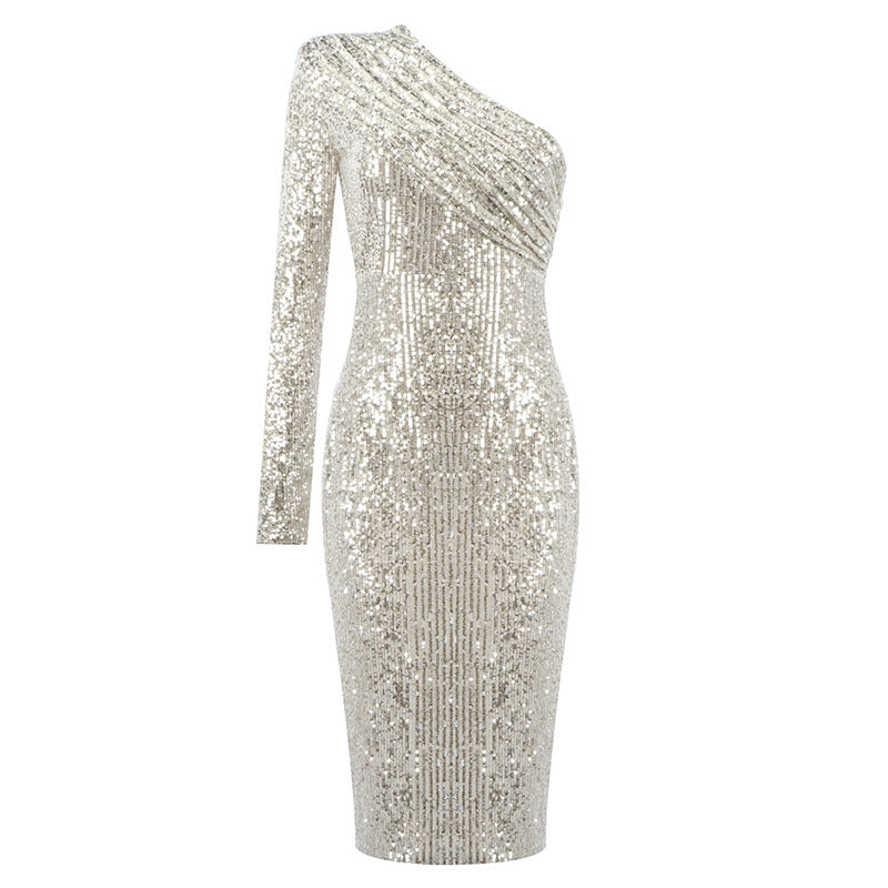 Damen Glitzerndes Etuikleid mit asymmetrischem Ausschnitt und langem Arm EB