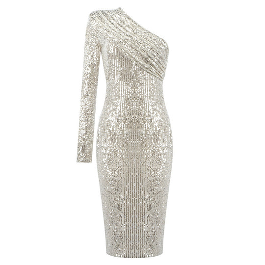 Damen Glitzerndes Etuikleid mit asymmetrischem Ausschnitt und langem Arm EB
