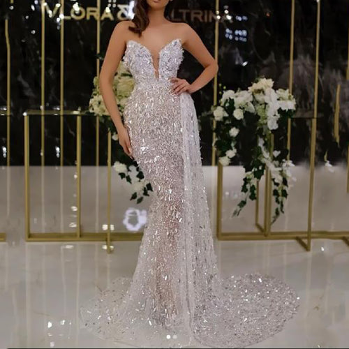 Damen Glamouröses Abendkleid mit schimmernden Pailletten und transparentem Rock EB