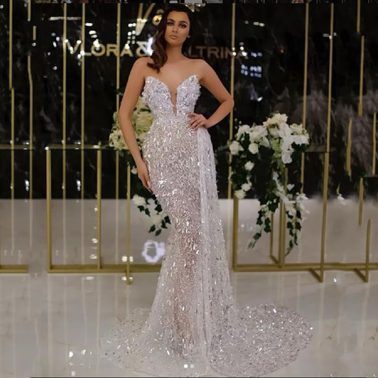 Damen Glamouröses Abendkleid mit schimmernden Pailletten und transparentem Rock EB