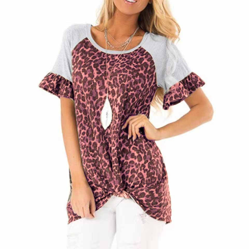 Damen modisches T-Shirt mit tierischem Muster und raffinierten Rüschendetails EB