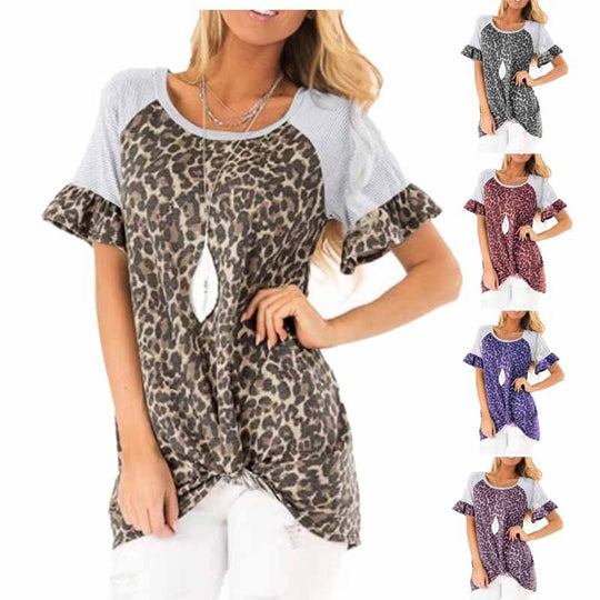 Damen modisches T-Shirt mit tierischem Muster und raffinierten Rüschendetails EB