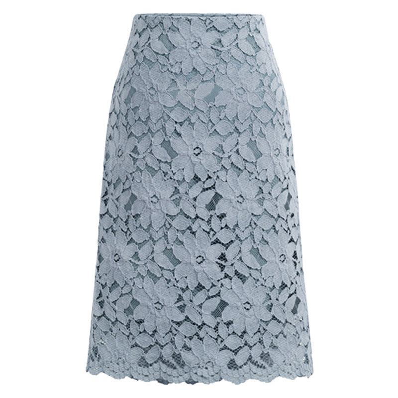 Damen nan knielanger A-Linien Spitzenrock mit floraler Applikationsspitze, hoher Taille und gewelltem Saum EB