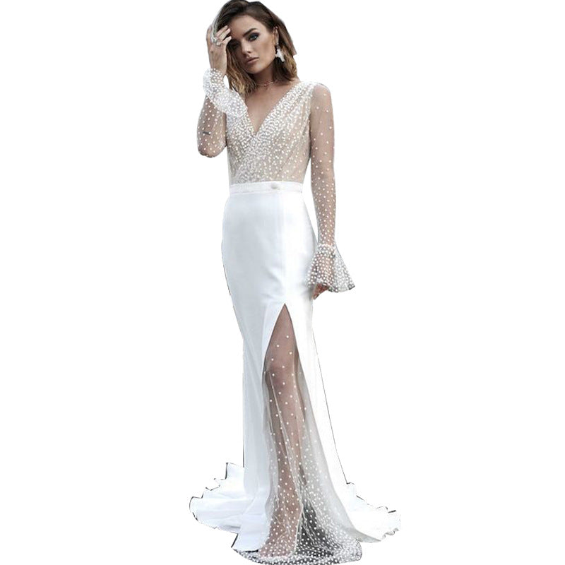 Damen Hochgeschlitztes Abendkleid mit transparentem Oberteil und Perlenapplikationen EB