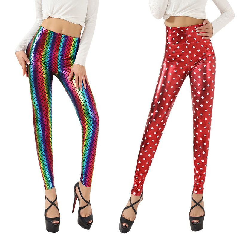 Damen Glänzende Leggings mit Sternenmuster EB