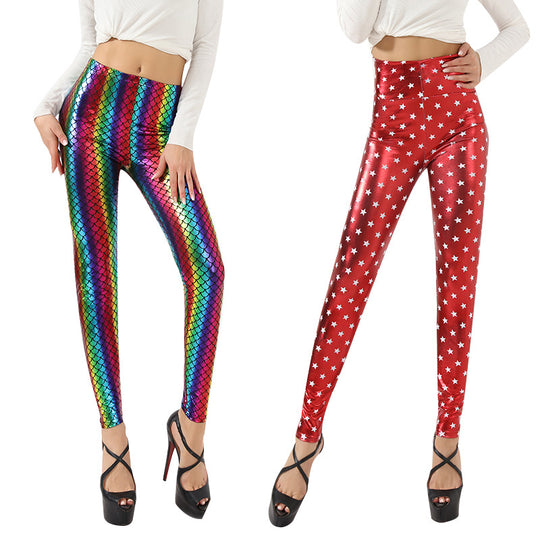 Damen Glänzende Leggings mit Sternenmuster EB