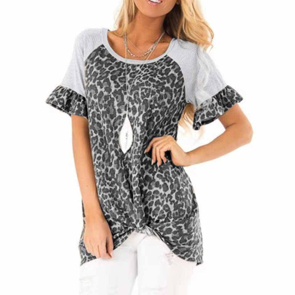 Damen modisches T-Shirt mit tierischem Muster und raffinierten Rüschendetails EB