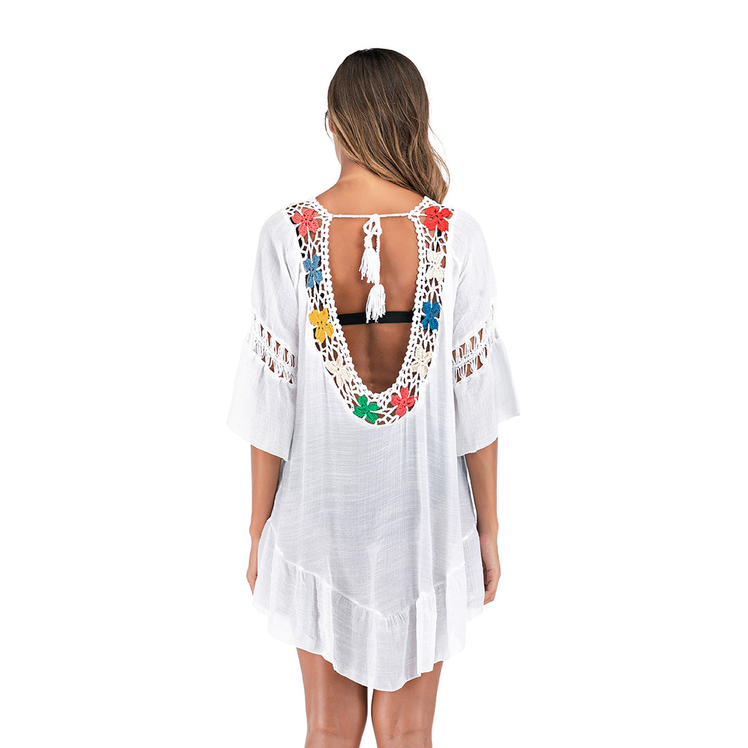 Damen luftiger häkelbarer Strandüberwurf mit bunten Blumenmuster EB