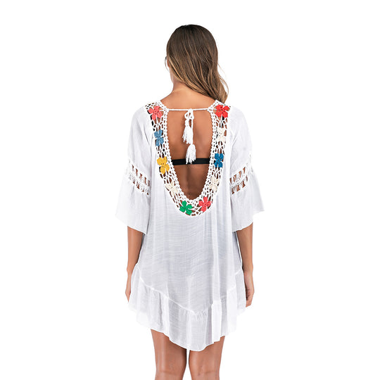 Damen luftiger häkelbarer Strandüberwurf mit bunten Blumenmuster EB