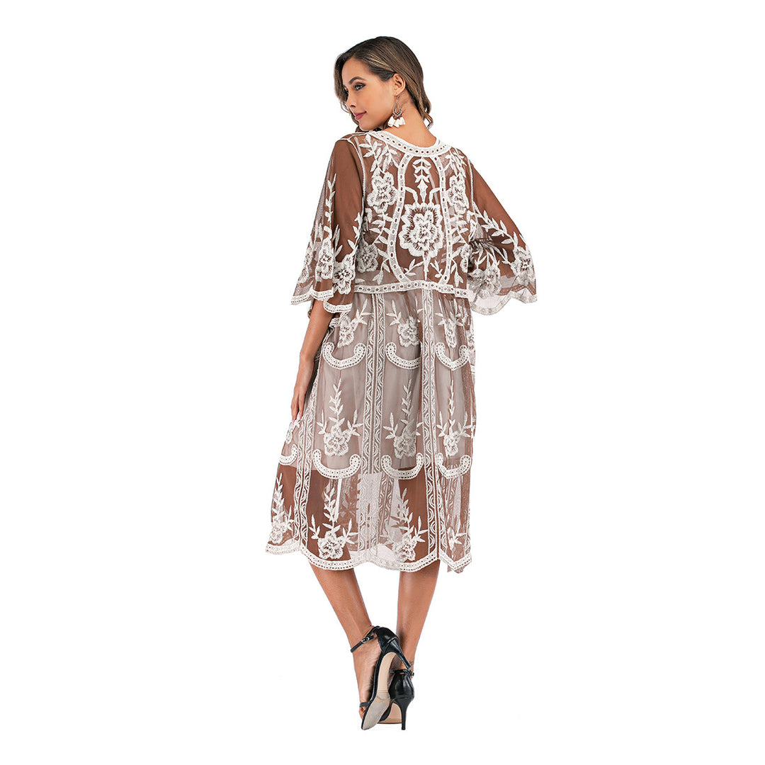 Damen elegante Häkel-Strandrobe mit voluminösen Ärmeln und floralem Design EB