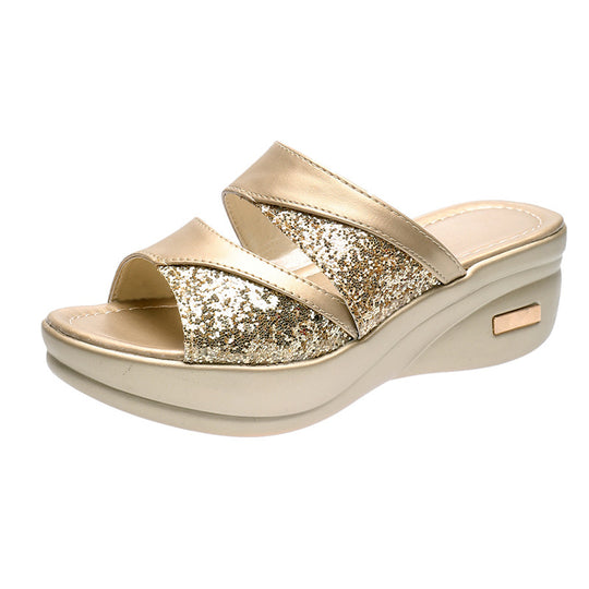 Damen Glamouröse Wedge-Pantoletten mit schimmerndem Glitzer EB