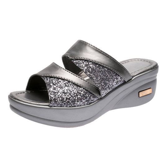 Damen Glamouröse Wedge-Pantoletten mit schimmerndem Glitzer EB