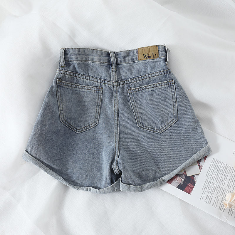 Damen High-Waist Denim-Shorts mit umschlagbarem Saum und elastischem Bund EB