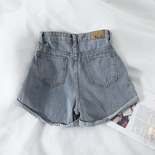 Damen High-Waist Denim-Shorts mit umschlagbarem Saum und elastischem Bund EB
