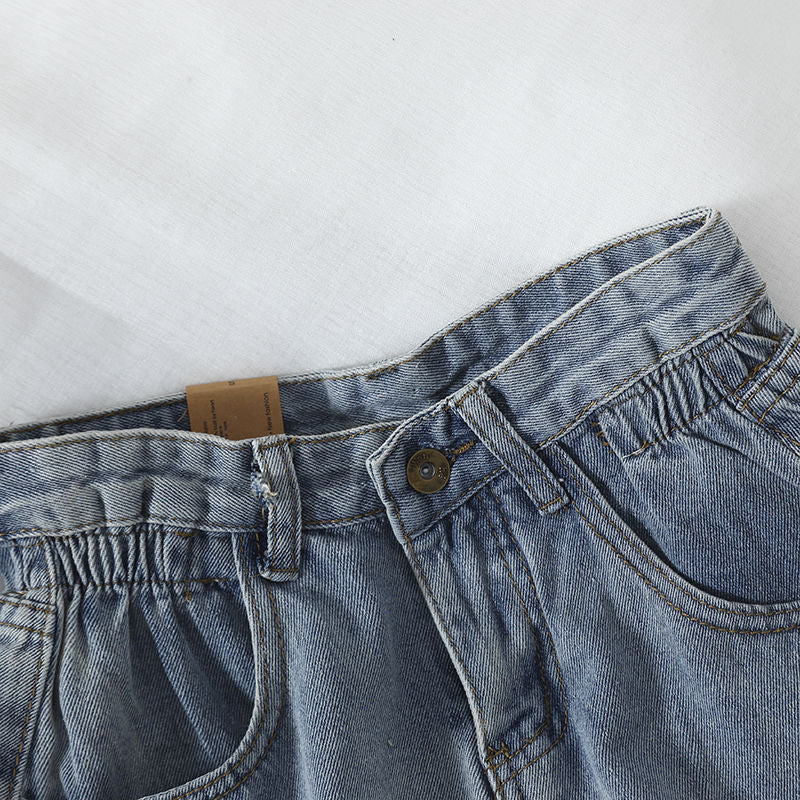 Damen High-Waist Denim-Shorts mit umschlagbarem Saum und elastischem Bund EB