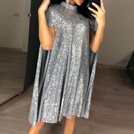 Damen Pailletten-Kleid mit funkelndem Cape-Design und elegantem Schnitt EB