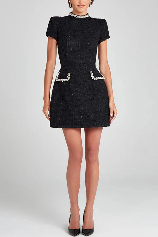 EB | Exquisite und Verspielt Tweed Stoff Perlenbesatz Kurzarm Eingrifftaschen Mini Kleid