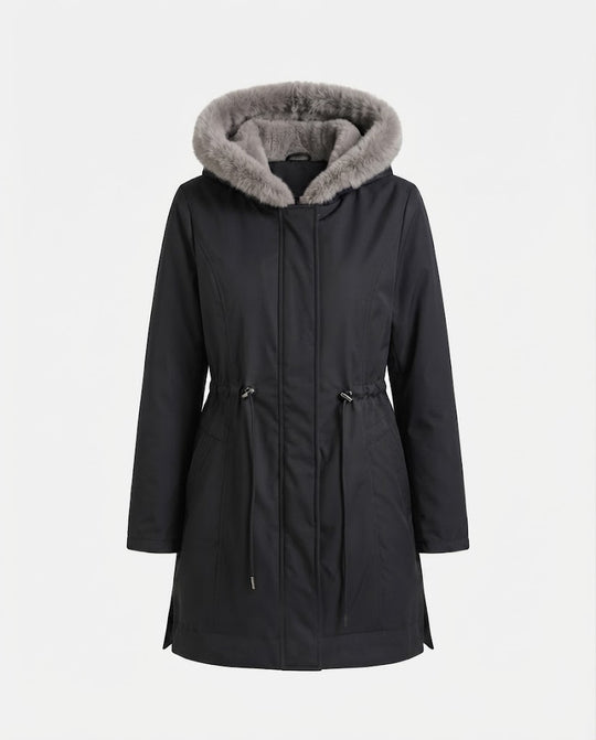 Damen nan midilanger Thermoparka mit abnehmbarer Teddykapuze, Taillenzug und verdeckter Frontblende EB