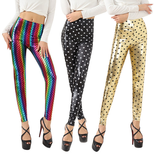 Damen Glänzende Leggings mit Sternenmuster EB