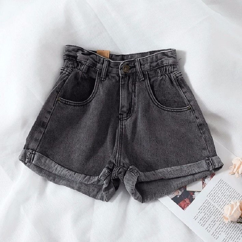 Damen High-Waist Denim-Shorts mit umschlagbarem Saum und elastischem Bund EB
