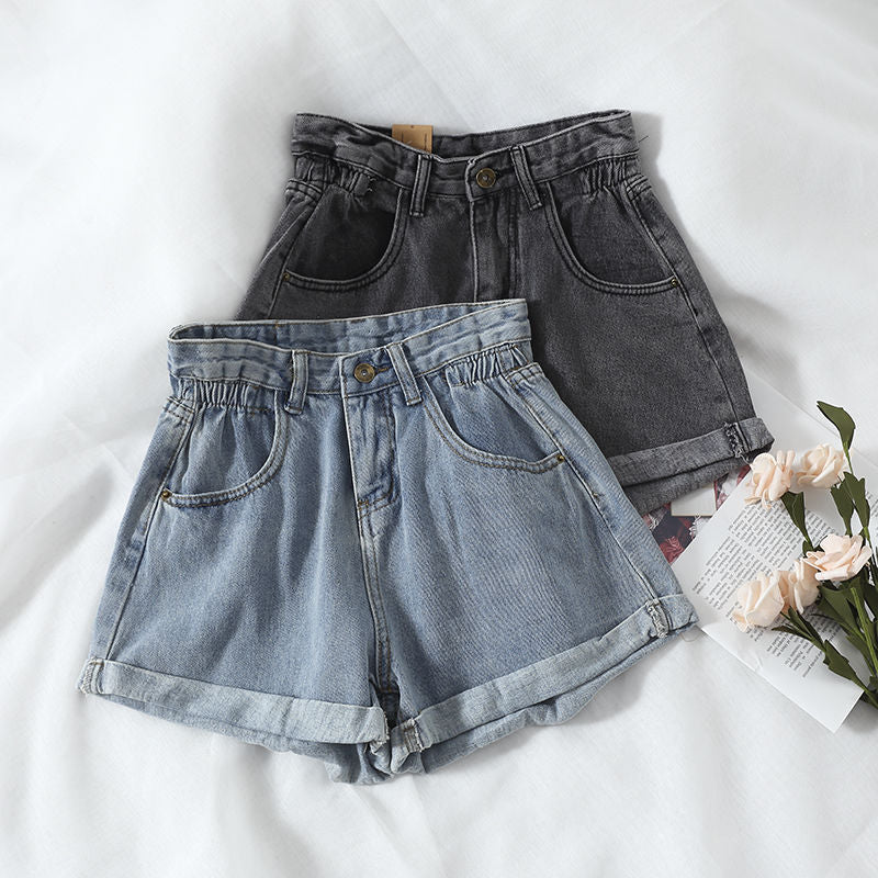 Damen High-Waist Denim-Shorts mit umschlagbarem Saum und elastischem Bund EB