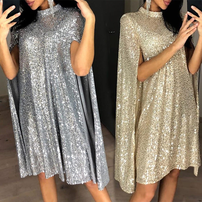 Damen Pailletten-Kleid mit funkelndem Cape-Design und elegantem Schnitt EB
