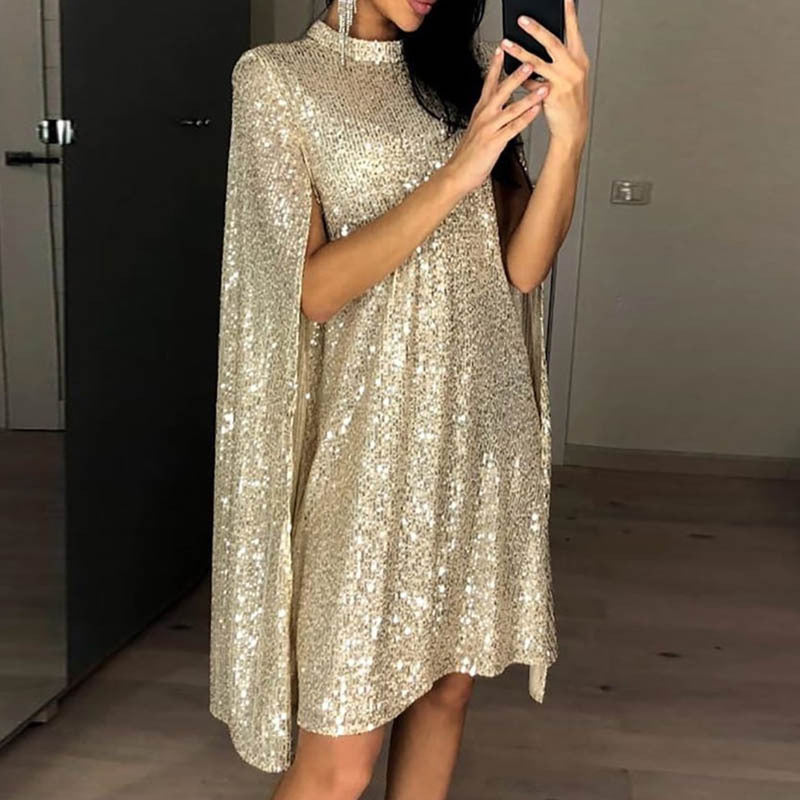 Damen Pailletten-Kleid mit funkelndem Cape-Design und elegantem Schnitt EB