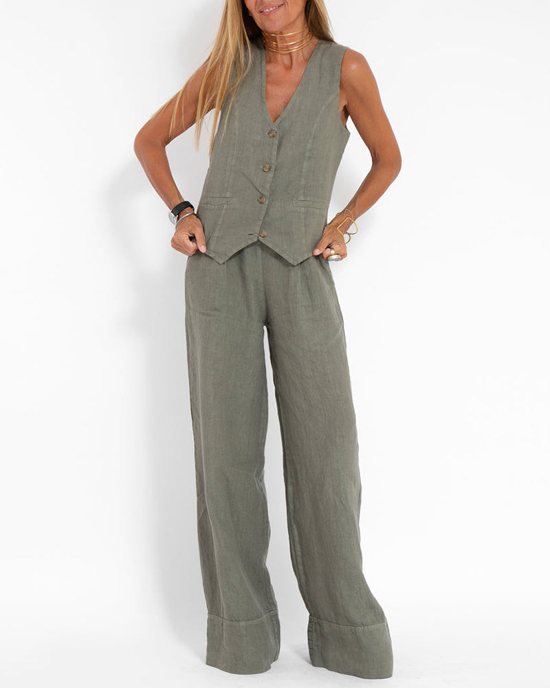 EB | Elegantes 2-Teiliges Set Leinen Weite Hose & Weste