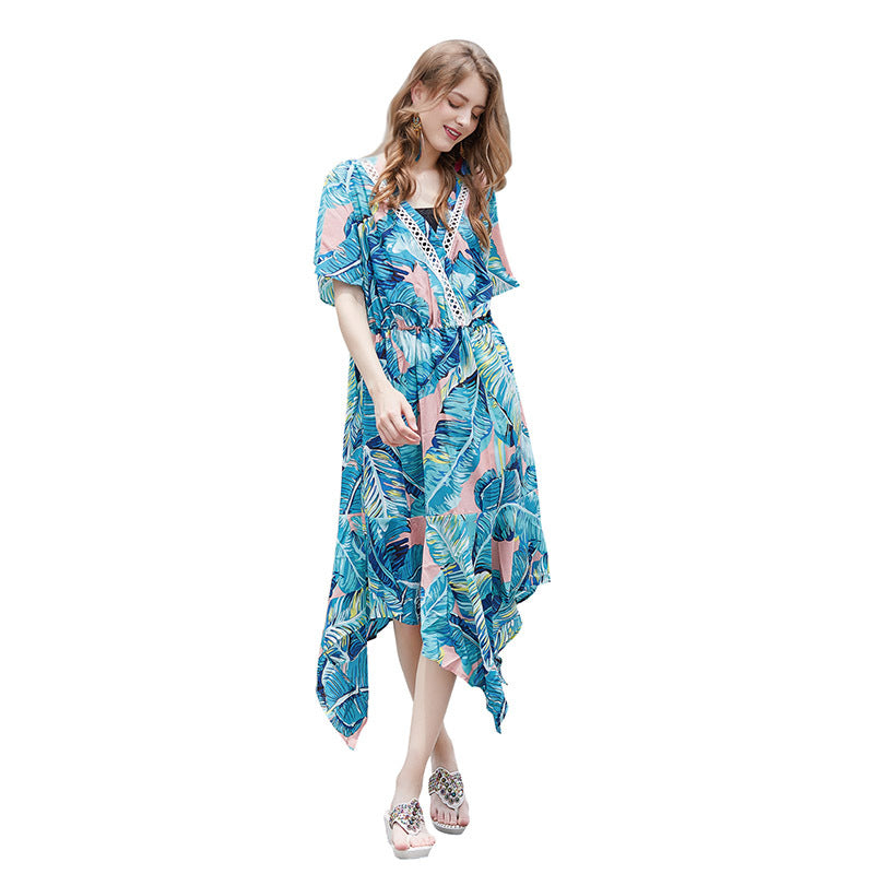 Damen Maxikleid mit asymmetrischem Saum und botanischem Design EB