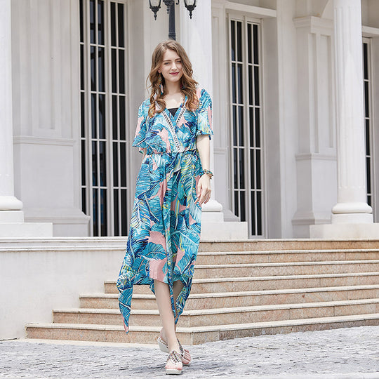 Damen Maxikleid mit asymmetrischem Saum und botanischem Design EB
