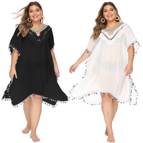 Damen luftiger Strandponcho mit buntem Quastenrand EB