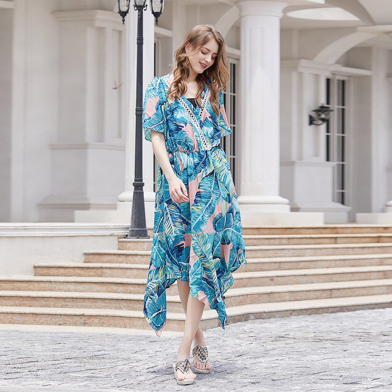 Damen Maxikleid mit asymmetrischem Saum und botanischem Design EB